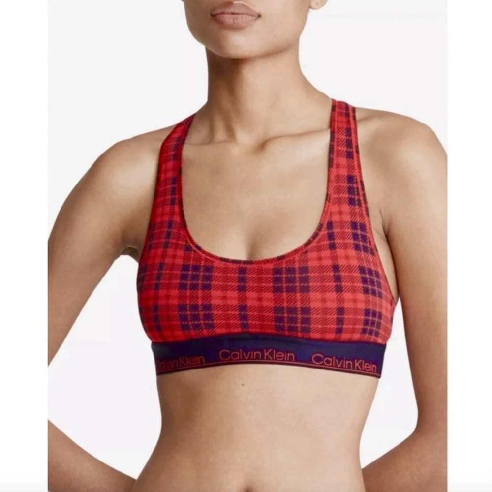 Calvin Klein Modern Cotton Bralette Bra Red Black Plaid New XS